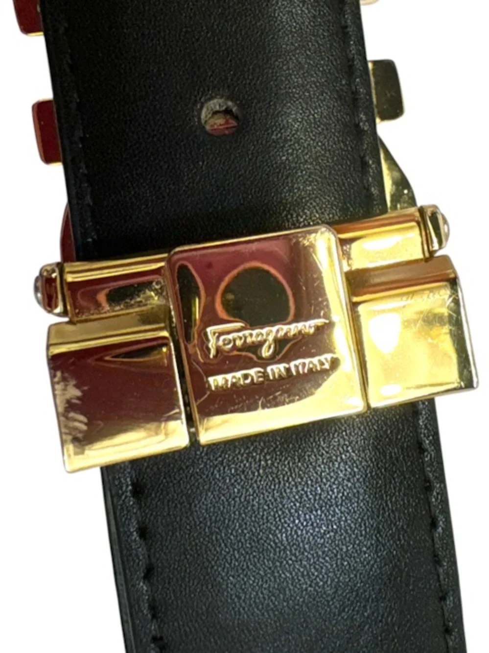 Salvatore Ferragamo Black embossed Leather Belt with Gold Gancini Buckle